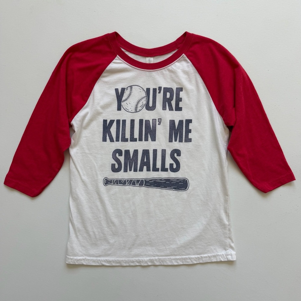 Red & White Raglan Kids' Baseball Tee - "You're Killin' Me Smalls"
